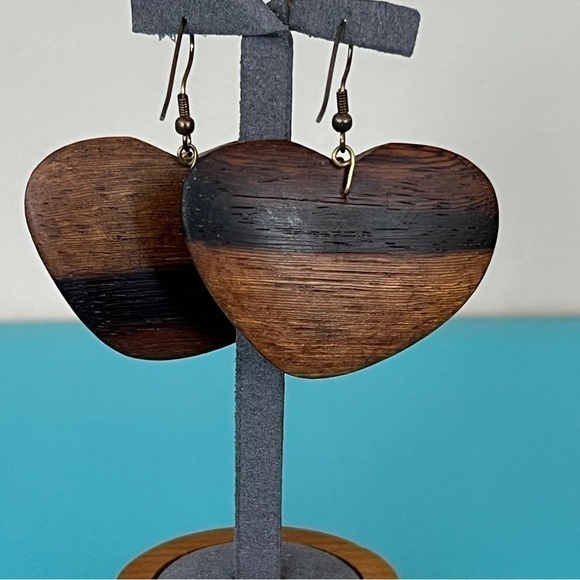 Boho Mahogany Wood Handmade Heart Earrings - Picture 3 of 6